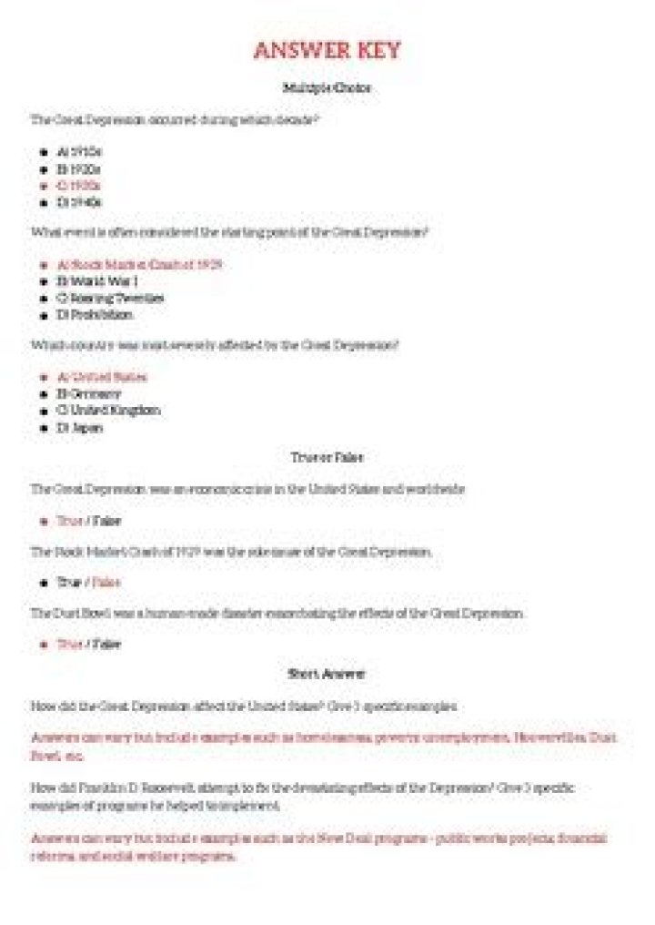 An Overview of the Great Depression Answer Key PDF: Complete Study Guide