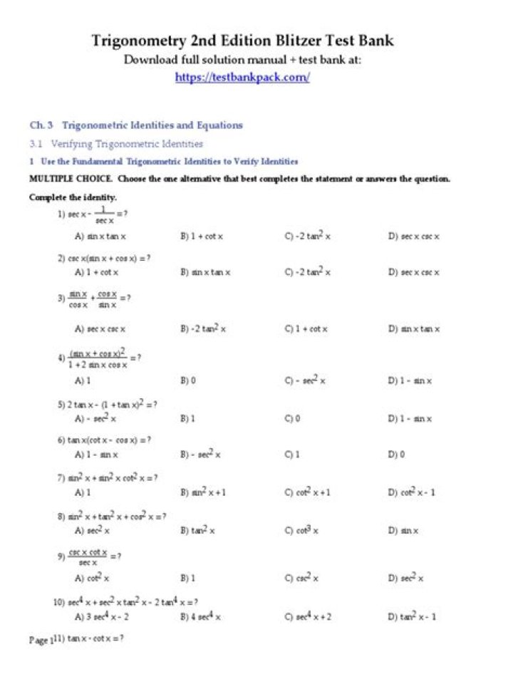 Analytic Trigonometry Barnett Test Bank PDF for Exam Prep