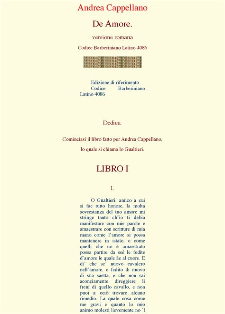 Andrea Cappellano: De Amore Testo PDF – L’Inspirato Viaggio dell’Amore