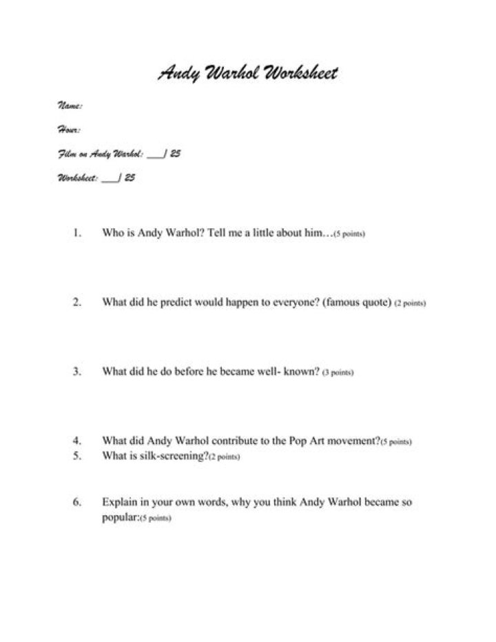 Free Andy Warhol Worksheet PDF for Classroom Use