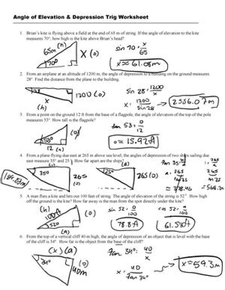 Angle of Elevation and Depression Word Problems Worksheet PDF