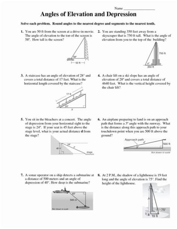 Angle of Elevation and Depression Worksheet PDF Answers with Step-by-Step Solutions