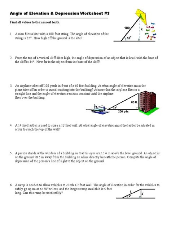 Master Angle of Elevation and Depression: Free Worksheets & PDF Practice