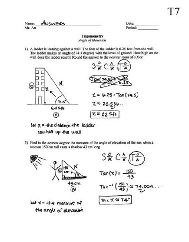 Angles of Elevation and Depression Practice Worksheet with Answers PDF