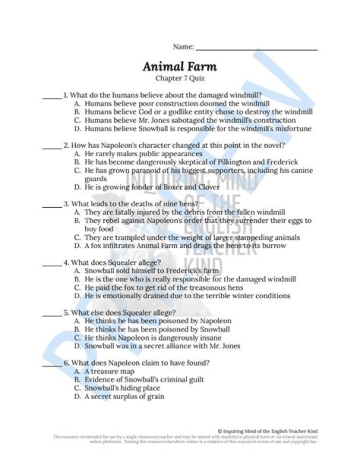 Animal Farm Quizzes & Answers PDF: Test Your Knowledge