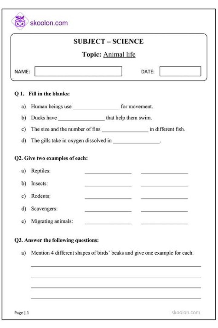 Free Animal Life Class 5 Worksheets PDF for Interactive Learning