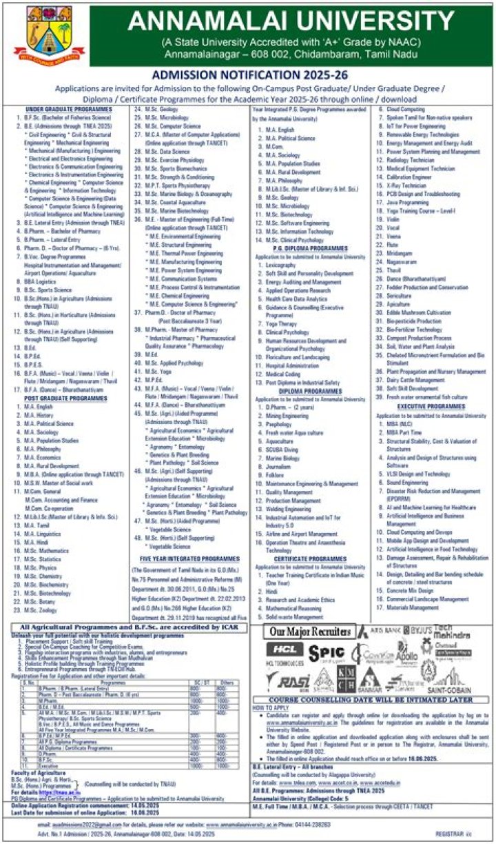 Annamalai University Agri Rank List 2019 PDF Ranking & Download