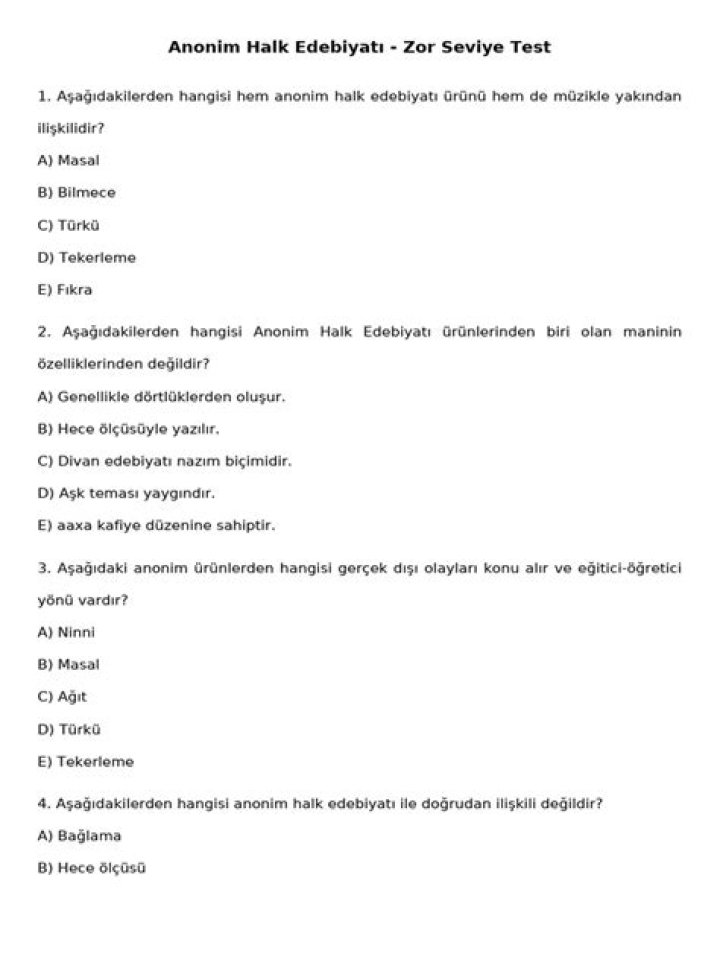 Anonim Halk Edebiyatı Test PDF – İnceleme ve Öğrenim