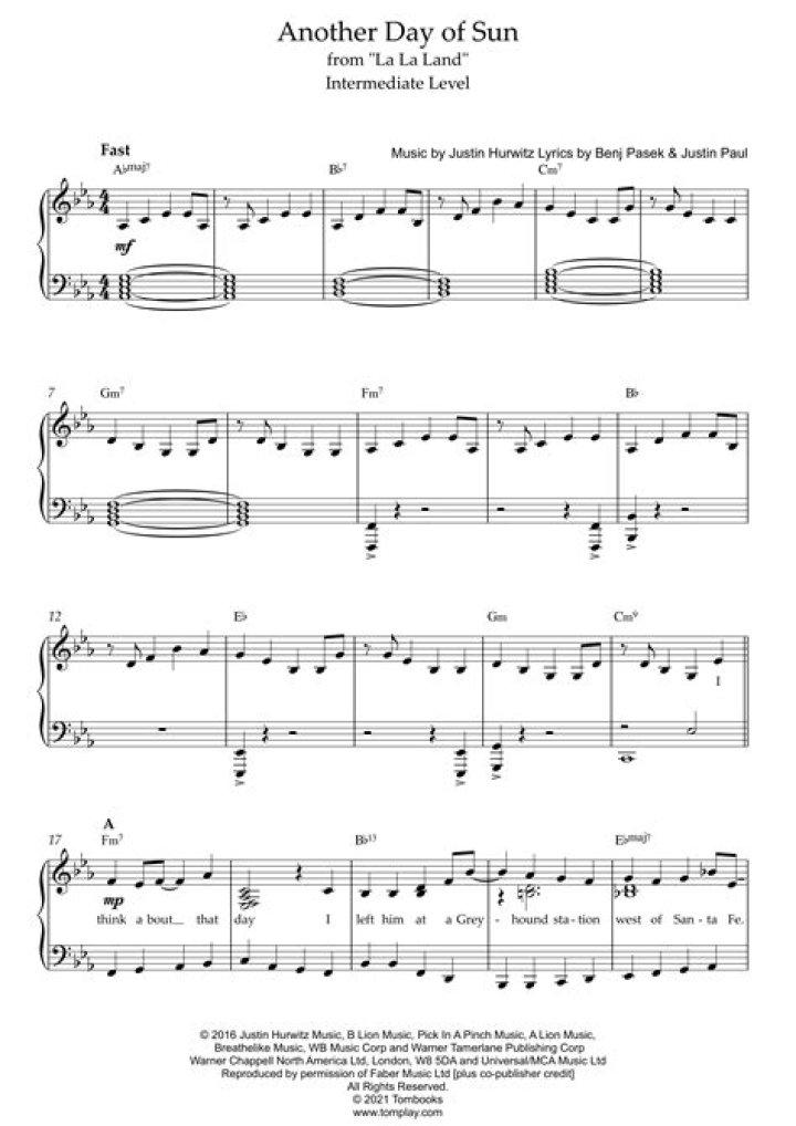 Free Piano Sheet Music: Another Day of Sun Piano Sheet Music PDF