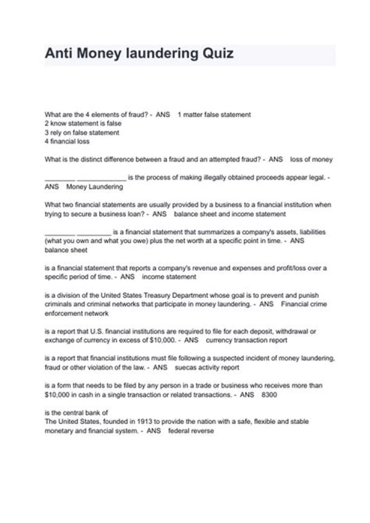 Anti Money Laundering Test Questions and Answers PDF UK