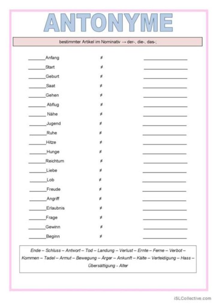 Antonym Deutsch Liste PDF – Kostenlose Ausdruckbare Wörterbuchliste