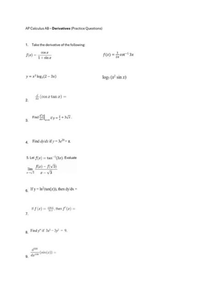 AP Calculus AB Derivatives Test PDF: Practice & Prep