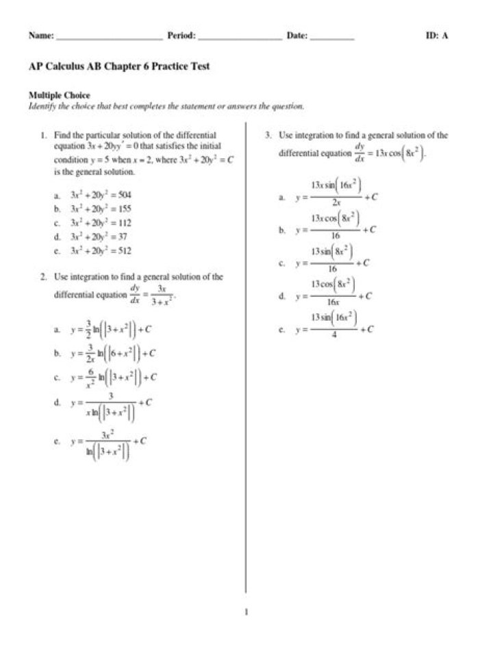 AP Calculus AB Integration Test PDF with Answers