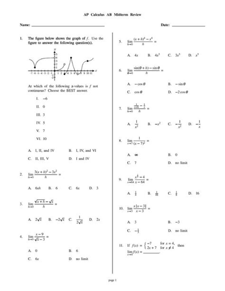 AP Calculus AB Midterm Test PDF Practice Questions & Answers