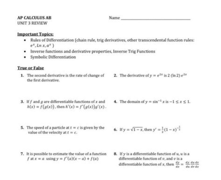 AP Calculus AB Unit 3 Test PDF – Practice Exam & Scoring Guide
