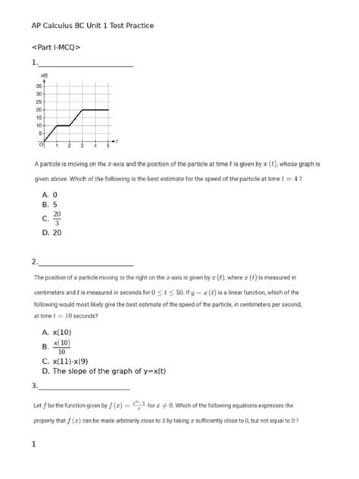 AP Calculus BC Unit 1 Test PDF Practice & Review