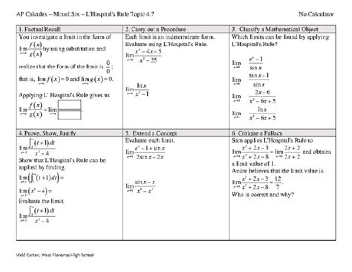 AP Calculus C: L'Hôpital's Rule Test & Answer PDF Guide