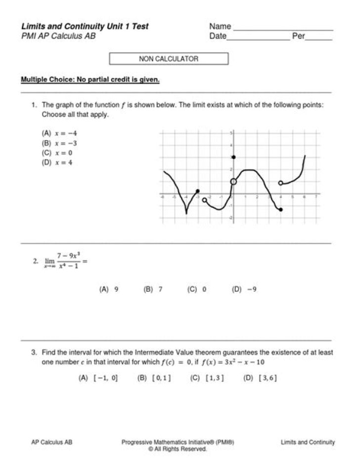 AP Calculus Limits and Continuity Test PDF: Free Study Guide