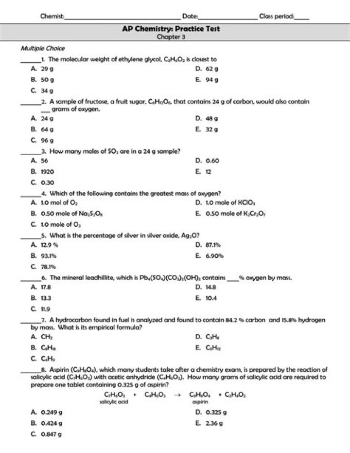 AP Chemistry Practice Test Multiple-Choice PDF Download