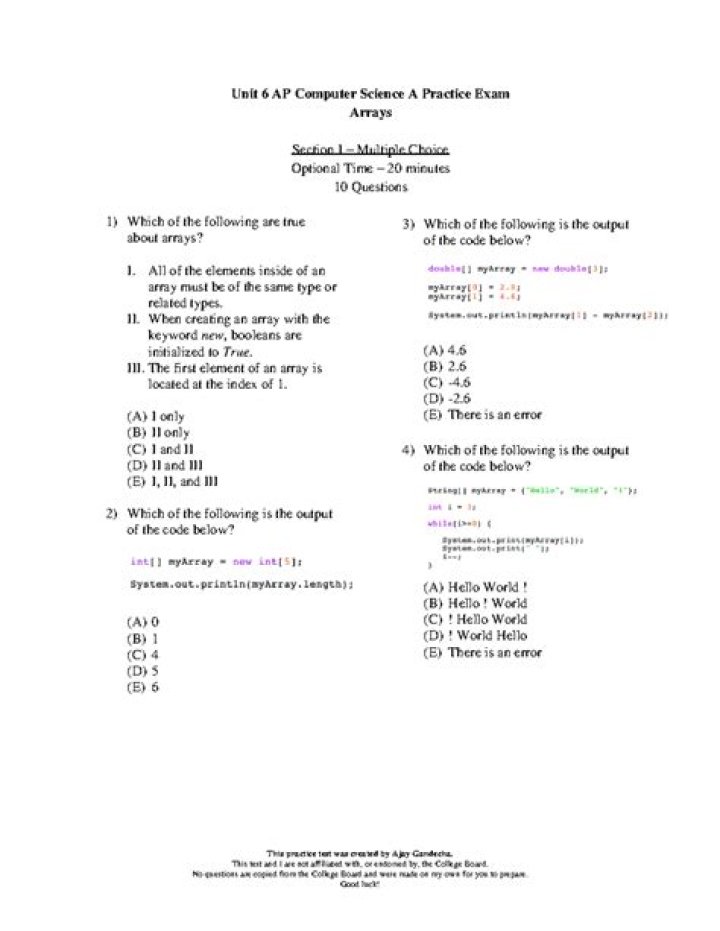 AP Computer Science A 2020 Practice Questions PDF Download