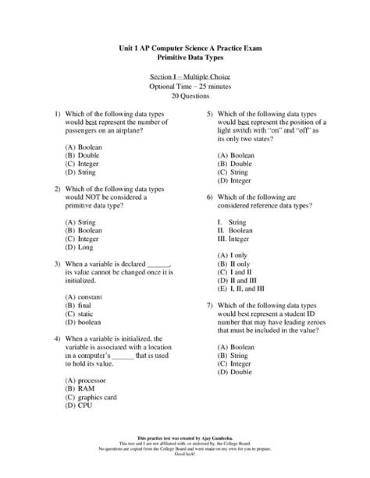 AP Computer Science Principles Practice Test Multiple Choice PDF