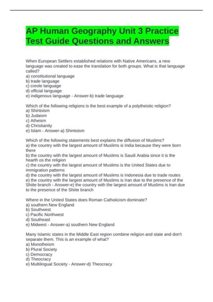 AP Human Geography Unit 3 Test PDF Answer Key & Solutions