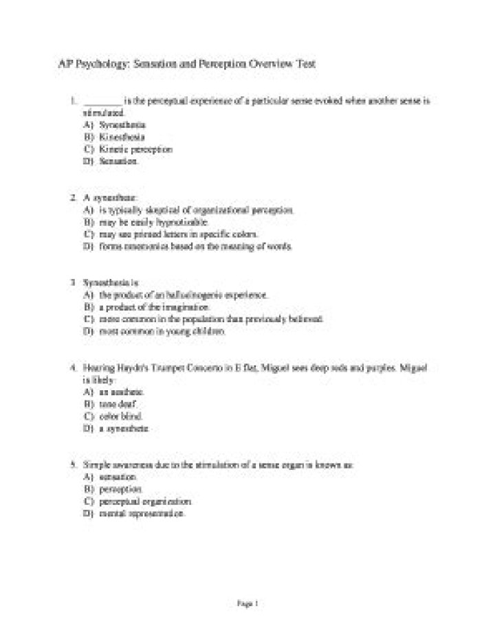 AP Psychology Sensation & Perception Test PDF Study Guide
