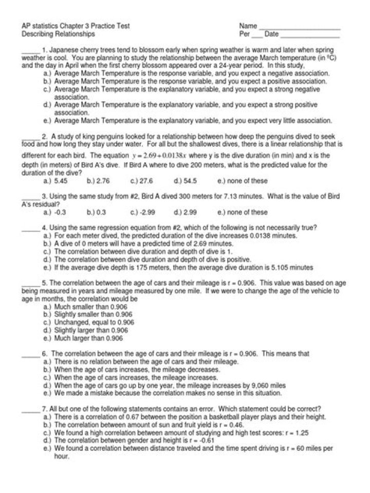 AP Statistics Chapter 3 Practice Test PDF – Free Download