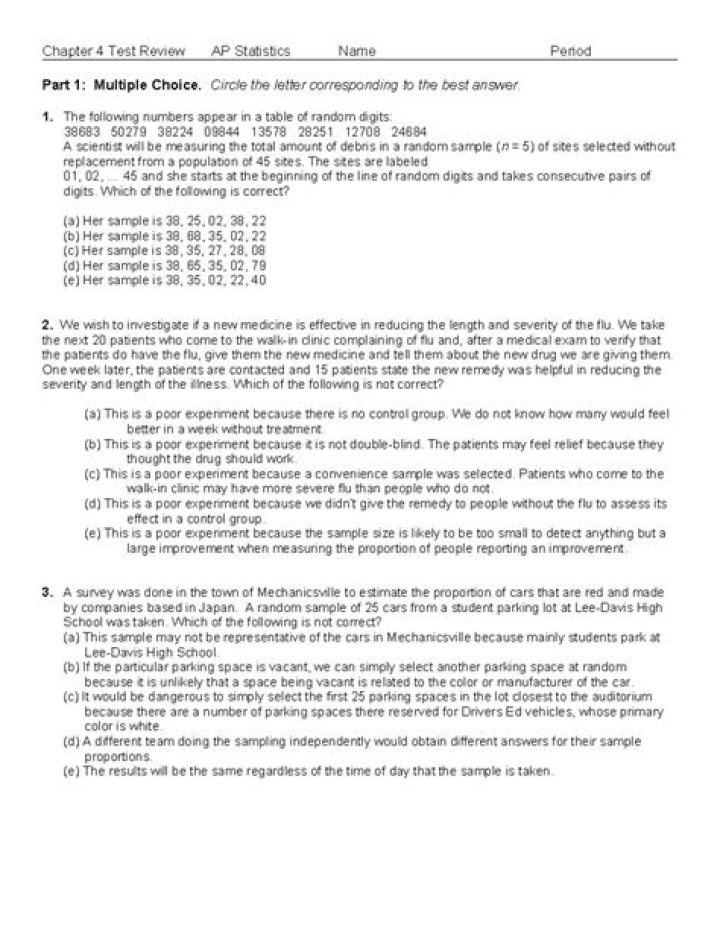 AP Statistics Chapter 4 Test Review 2015 Blank Answer Key PDF