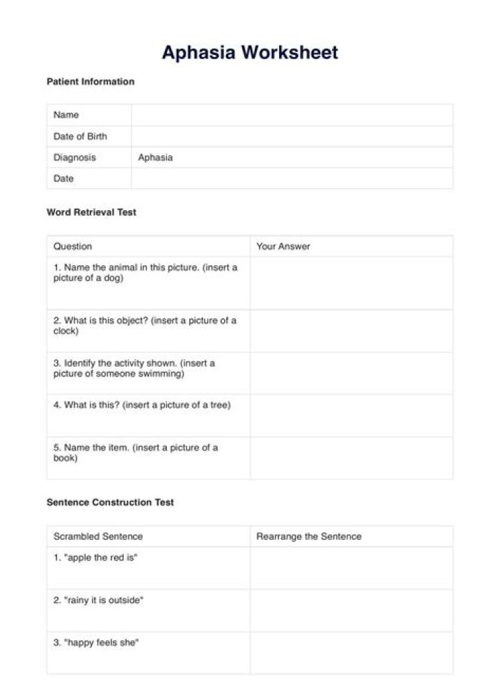 Free Aphasia Worksheets PDF for Therapy and Recovery
