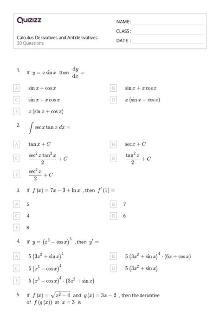Practical Application of Derivatives Worksheet PDF for Mastery