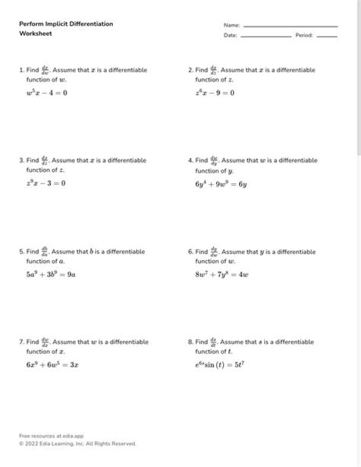 Mastering Differentiation: Free Worksheets PDF with Step-by-Step Applications