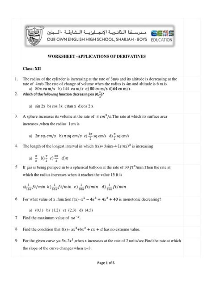 Applications of Derivatives Worksheet PDF for Student Practice