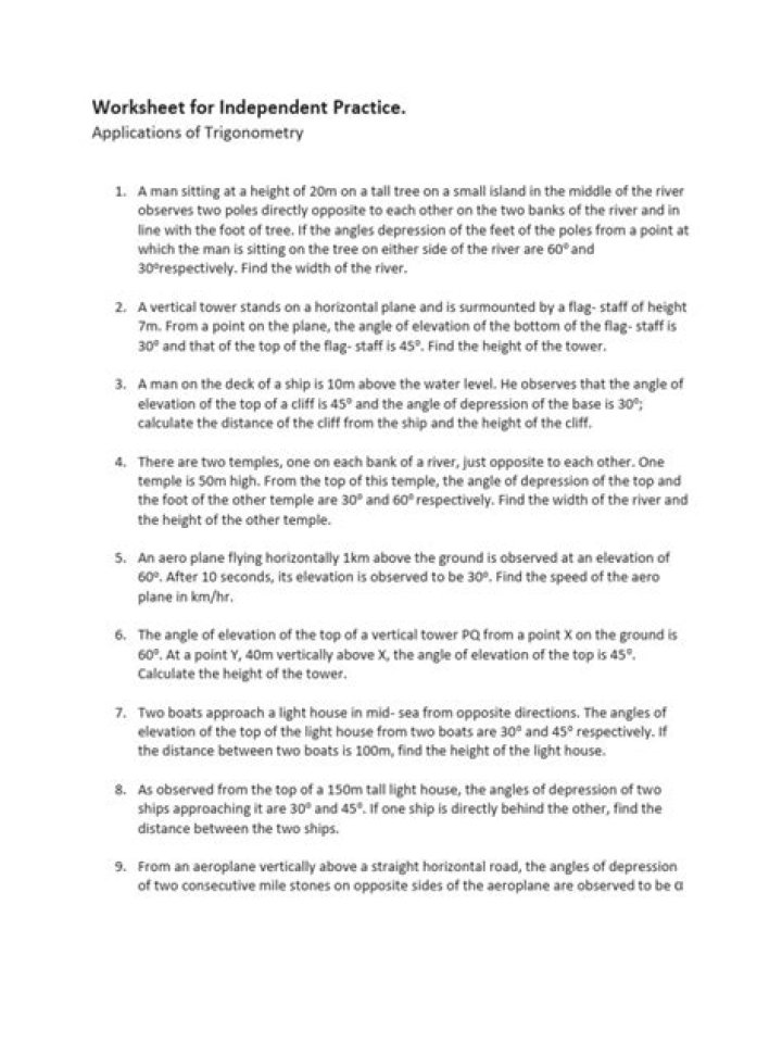 Free Applications of Trigonometry Worksheet PDF for Students