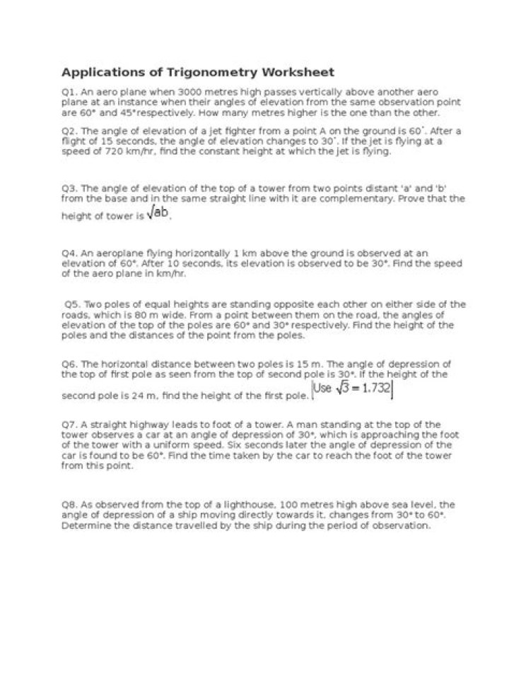 Trigonometry Applications Worksheet with Answers PDF: Practice & Solutions