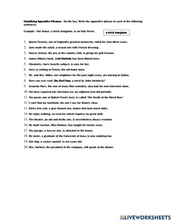 Apppositive Phrase Worksheet PDF: Practice Grammar with Ease
