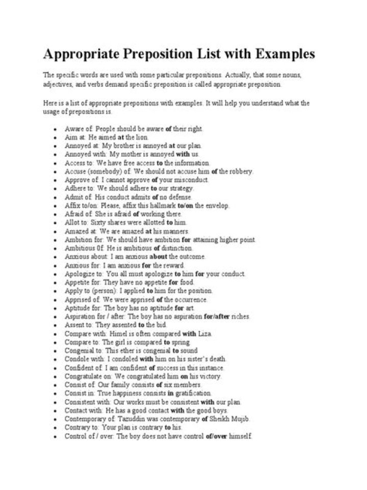 Appropriate Preposition List with Examples PDF Download