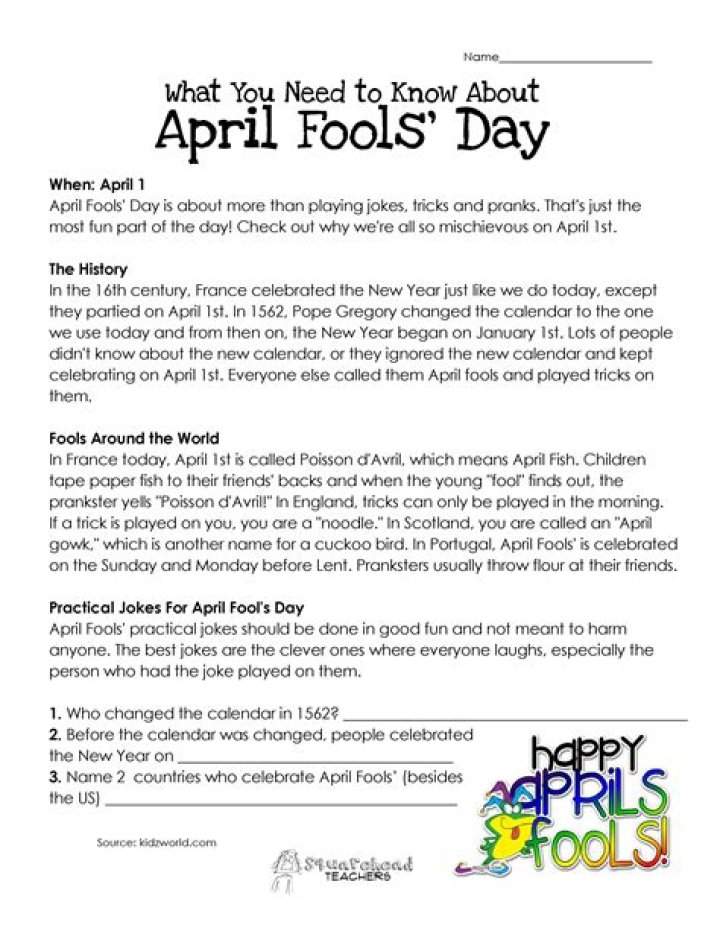 April Fools Day Reading Comprehension Worksheets PDF – Free Printable