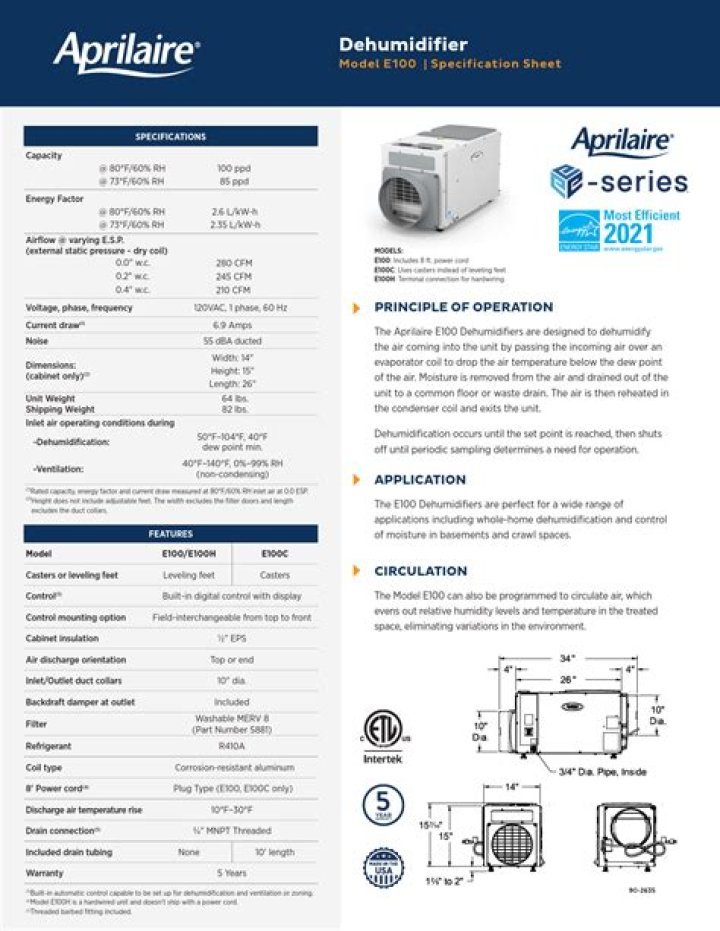Aprilaire E100 Spec Sheet PDF – Full Technical Details & Specifications