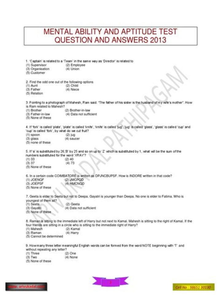 Aptitude and Mental Ability Test for TNPSC in English PDF – Download Now