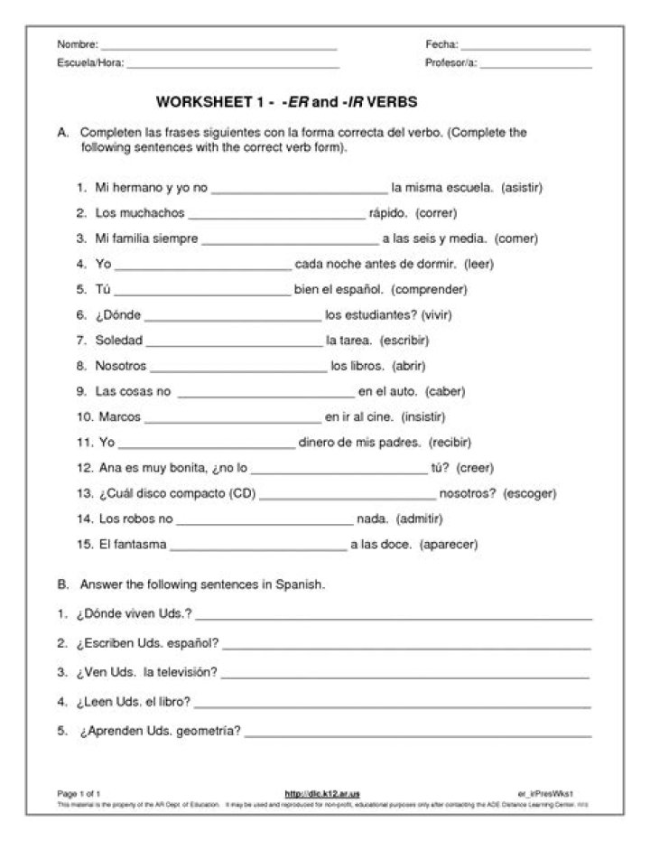Ar Er Ir Verbs Worksheet in Spanish PDF – Instant Download