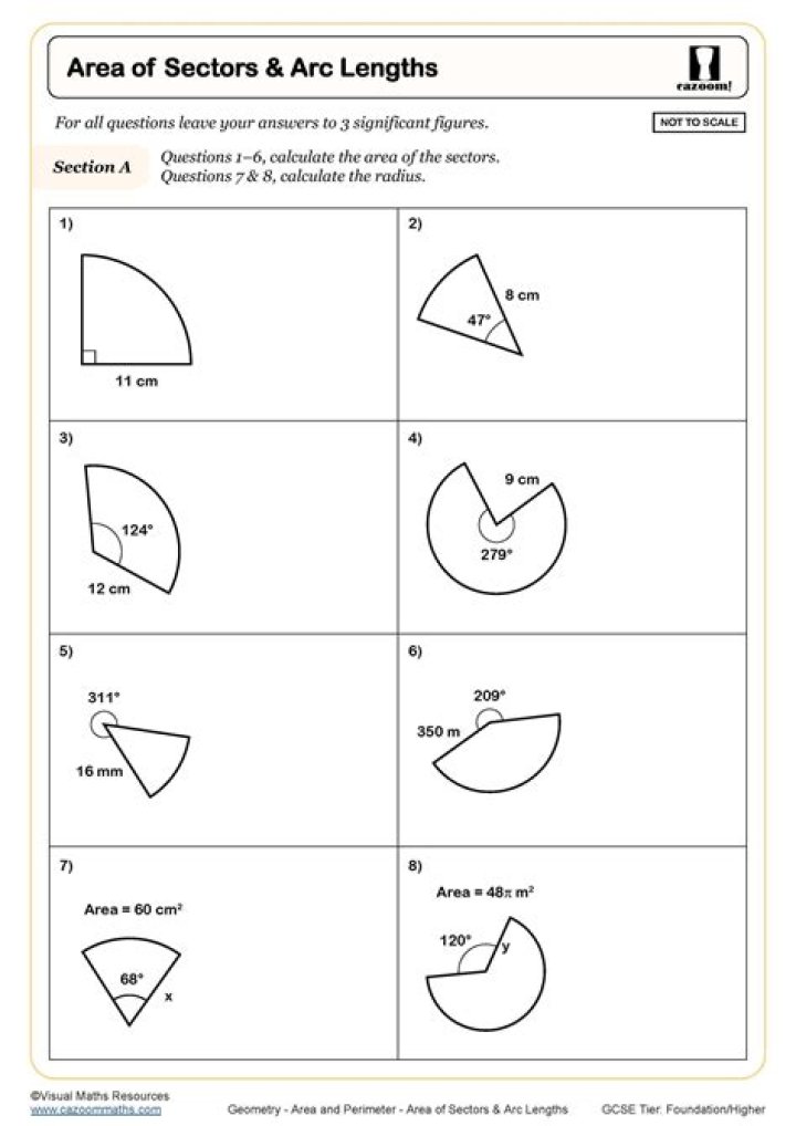 Arc Length and Sector Area Word Problems Worksheet PDF