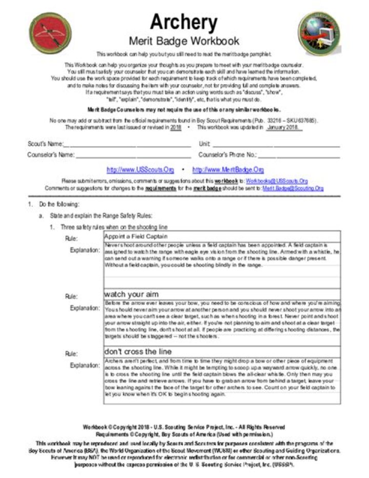 Archery Merit Badge Worksheet PDF – Download Free Printable PDF
