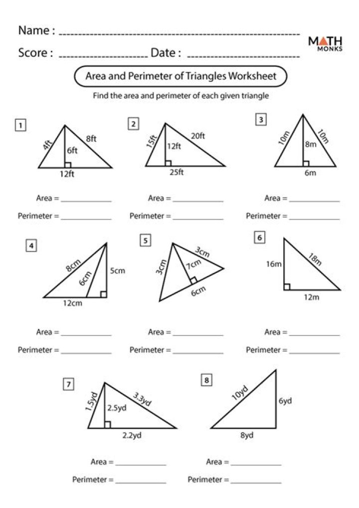 Free Area and Perimeter of Triangles Worksheets with Answers PDF