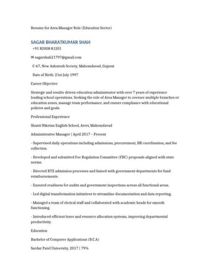Area Manager Resume PDF for Career Growth