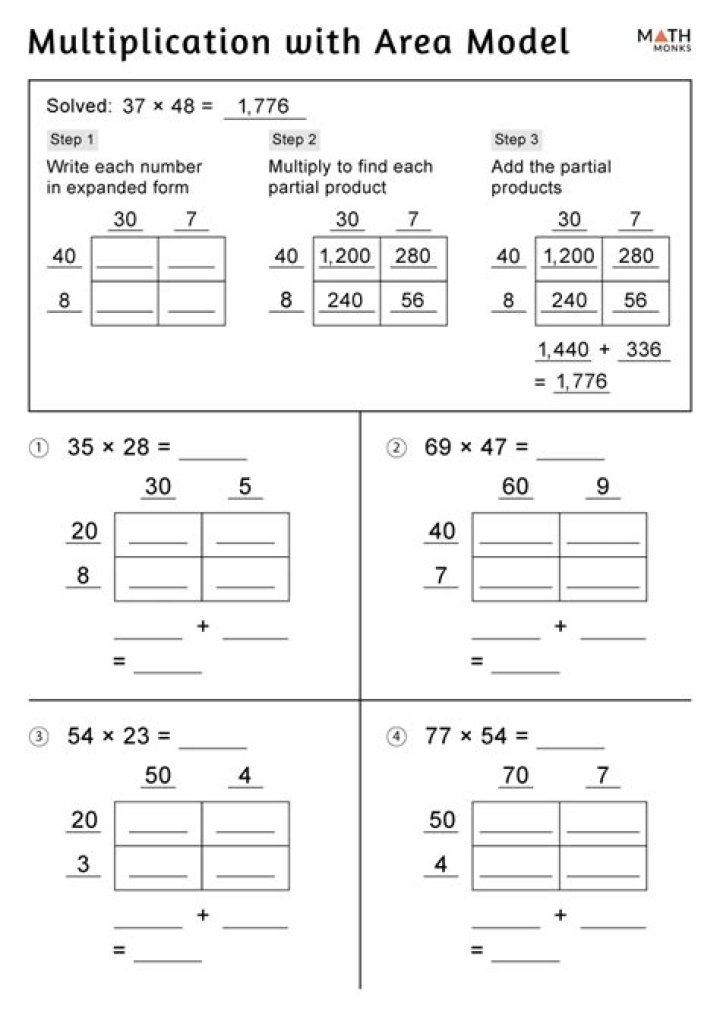 4th Grade Area Model Multiplication Worksheet PDF for Easy Math Practice