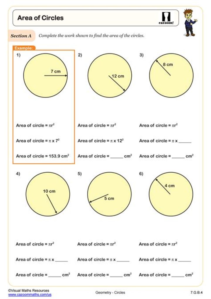 Area of a Circle Worksheet for 7th Grade – PDF Practice