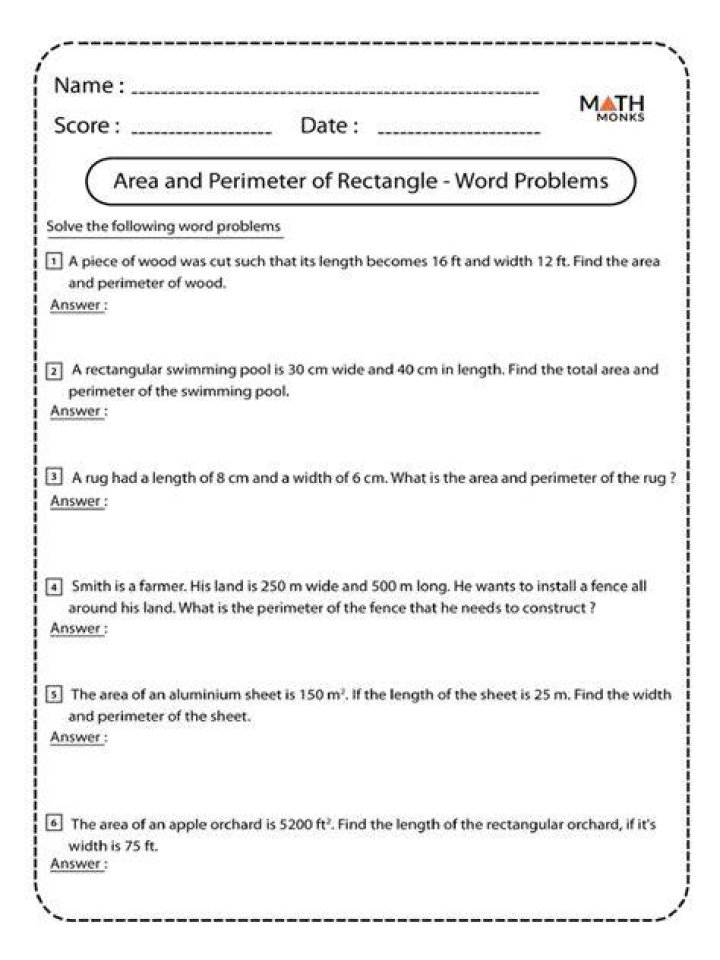 Area of Rectangle Word Problems Worksheet PDF Download