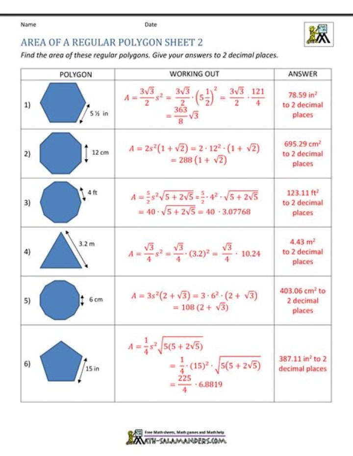 Printable Area of Regular Polygon Worksheet PDF for Math Practice
