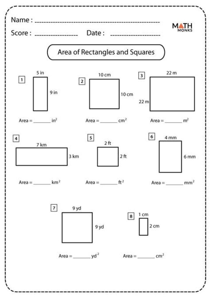 Area of Squares and Rectangles Worksheet PDF: Practice Problems & Answers